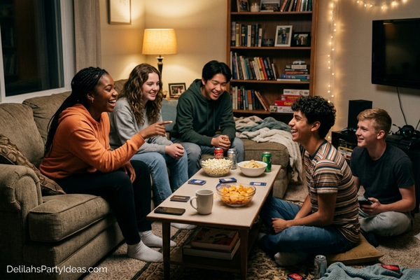 group of teenaged friends playing truth or dare at home