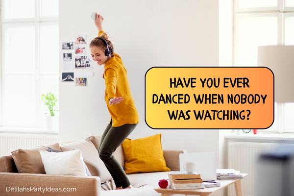 teen girl dancing on couch with question overlay