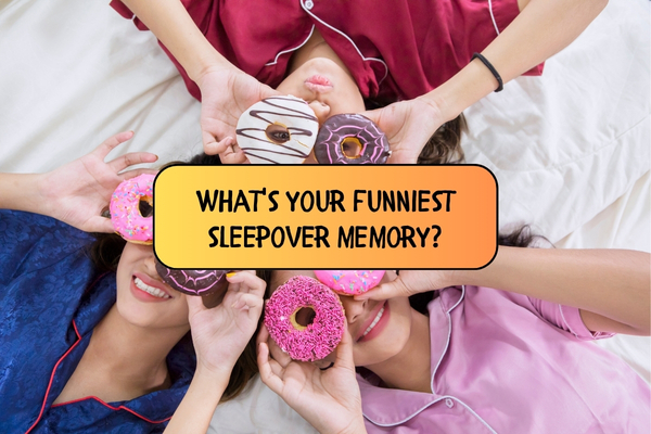 teen girls in a sleepover holding donuts over their eyes, with question overlay