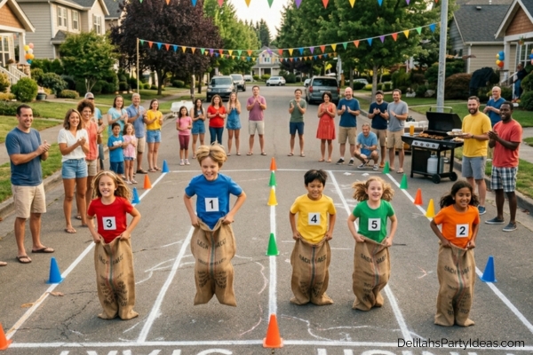 kids in a sack race for a block party game