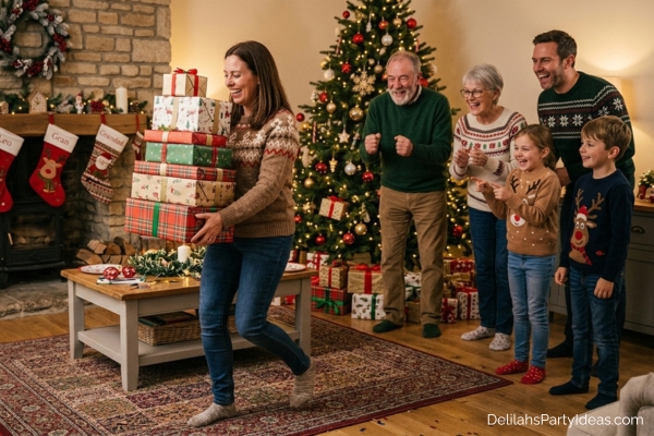 woman carrying a stack of Christmas gifts while her family cheers her on