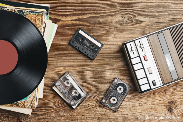 vinyl record, cassette tapes, cassette player