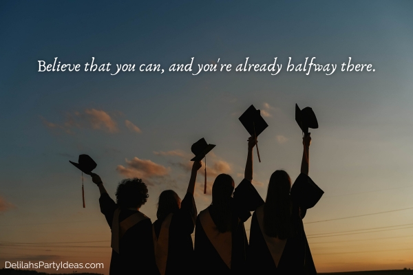 silhouette of graduates raising their caps with quote overlay