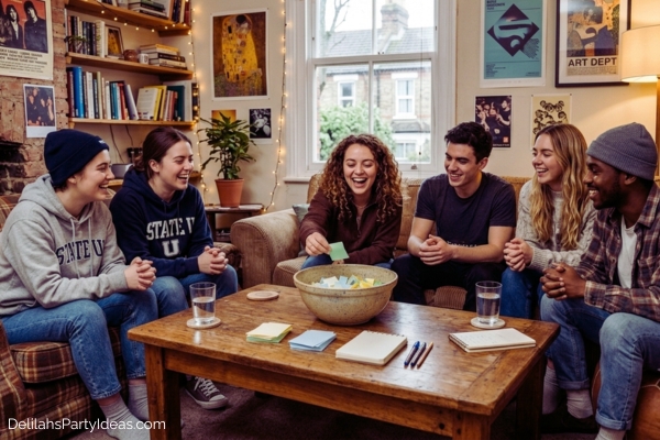 college friends playing The Bowl game in the living room