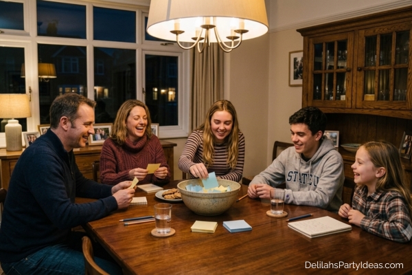 family playing The Bowl game in their dining room