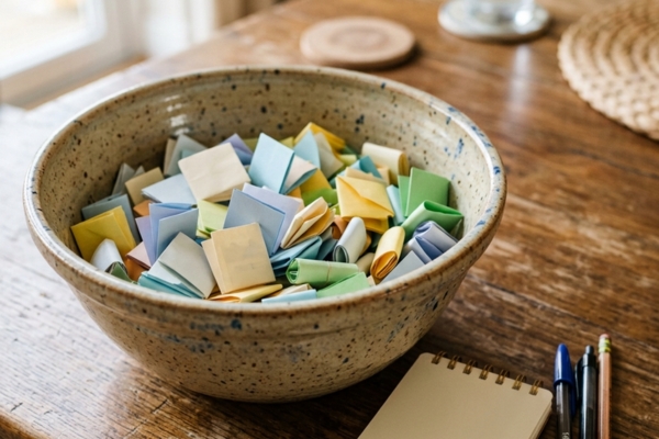 bowl filled with folded pieces of paper, a notepad and pens on the table