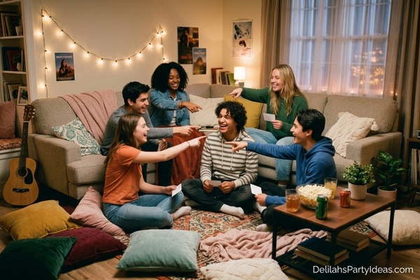 teenaged friends in living room playing who's most likely to