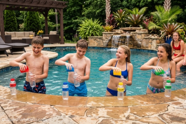 teens playing bottle filling frenzy- filling water bottles with water from the pool 