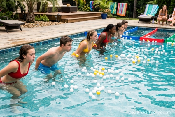 teens blowing ping pong balls in the pool - playing Ping Pong Blow off pool game
