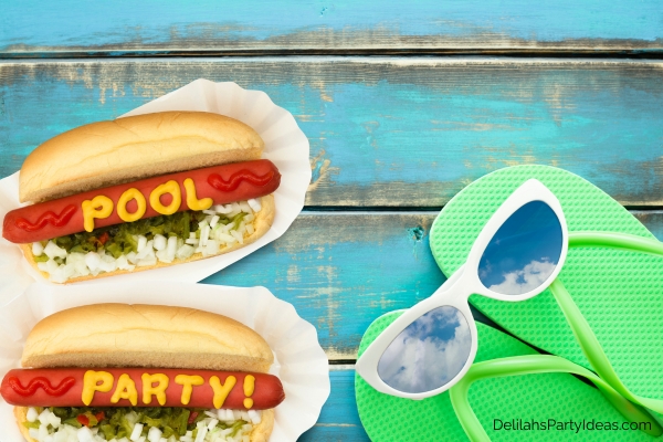 hot dog sandwiches, sunglasses on flip flop slippers in a pool party