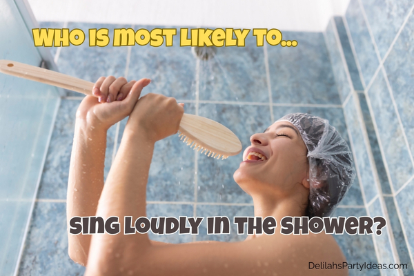 woman singing in the shower using brush as mic, with question overlay