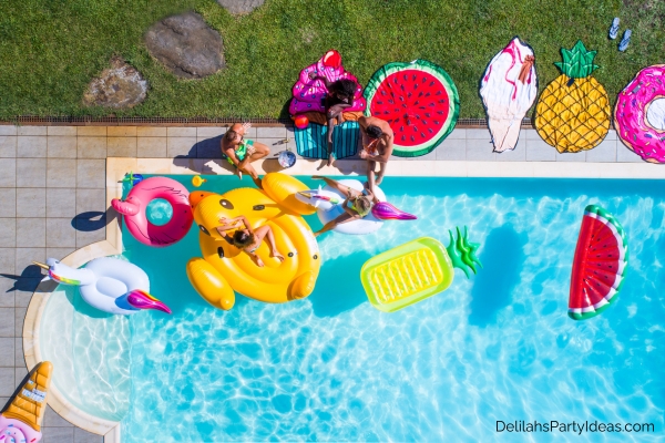 pool party with various inflatables